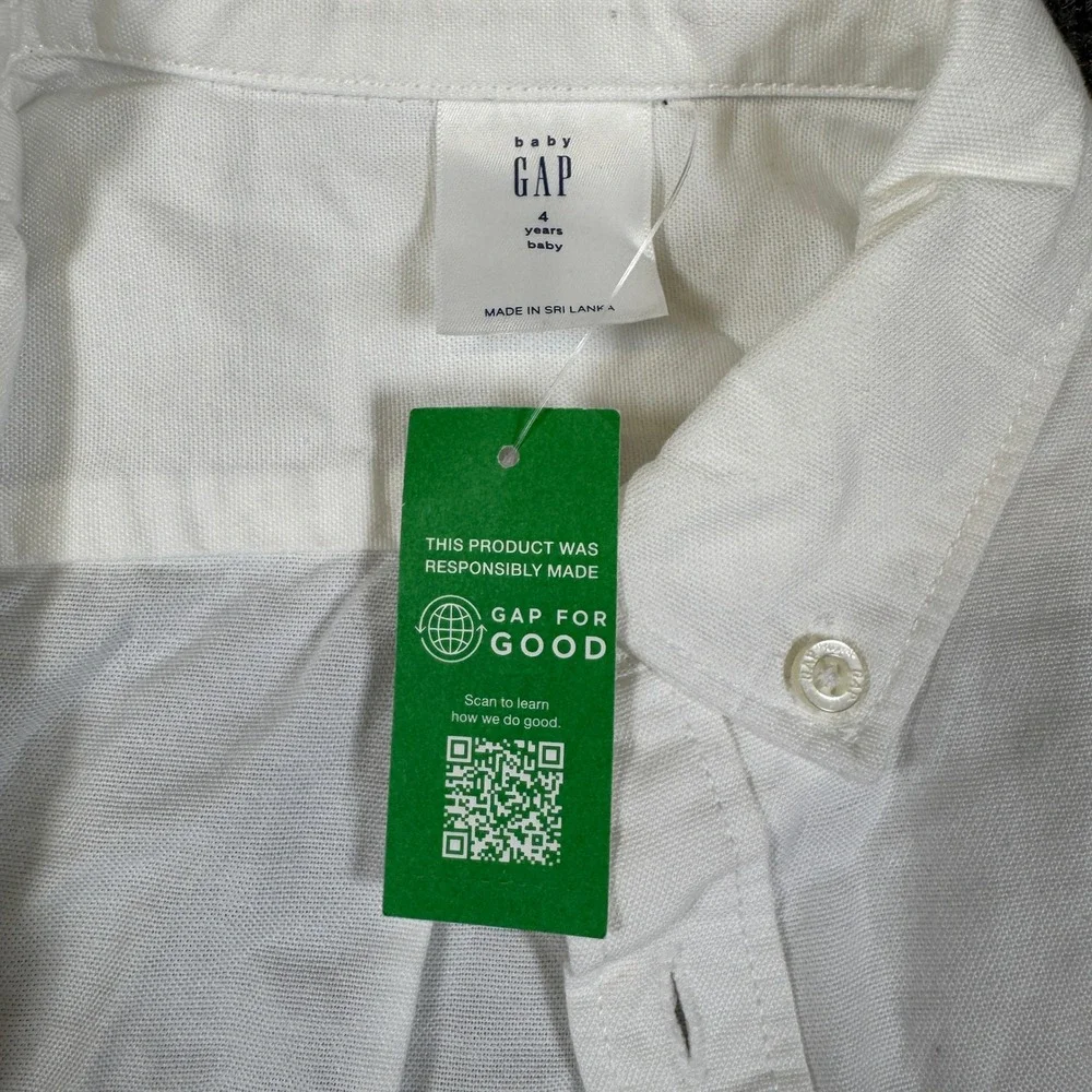 NWT Baby Gap Toddler Boys White Long Sleeve Button Down Shirt Bear Logo 4 Years